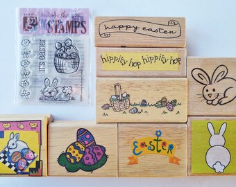 New Happy Easter Stamps, 12 Wood Mounted Rubber and Acrylic Stamps, Hippity Hop Bunny Rabbits, Spring Chick, Decorated Egg Hunt Basket