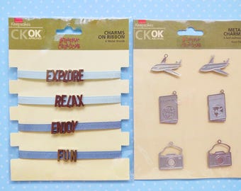 Travel Related Metal Charms, Adventure Diary, NIP Scrapbook Embellishment, Junk Journaling Hardware, Passport, Explore, Airplane, Camera
