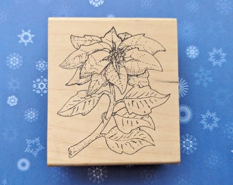 Large Wood Mounted Poinsettia Rubber Stamp,  Detailed Flower Image, Seasonal Holiday Decoration,  Euphorbia pulcherrima, Christmas Plant