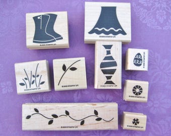 Stampin' Up "Flower Filled" Rubber Stamp Set, New Retired Wood Mounted, Easy Two Step Technique,  Lamp, Basket, Rubber Boots, Crafter Gift