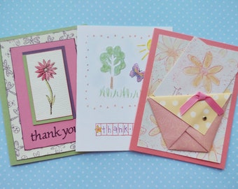 Hand Stamped Thank You Cards, Blank Notes, Teacher Appreciation, Special Thanks, Watercolor Daisy, 3D Pocket Envelope, Sparkle Butterfly