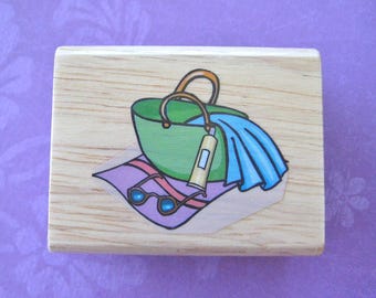 Beach Picnic Rubber Stamp, new wood mounted, Basket, Towel, Sunglasses, Sunscreen, Summer Beach Outing, DIY Card Making, Journals, Scrapbook