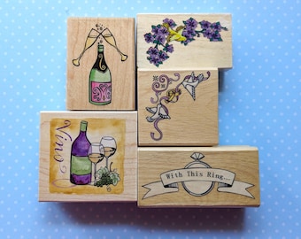 Wedding Theme Wood Stamp Set,  Champagne Bottle Toasting Wine Glasses, With This Ring, Engagement Diamond Banner, Corner Dove Border, Bride