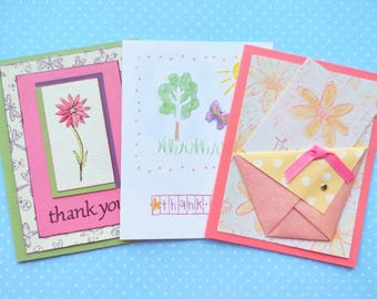 Hand Stamped Thank You Cards, Blank Notes, Teacher Appreciation, Special Thanks, Watercolor Daisy, 3D Pocket Envelope, Sparkle Butterfly