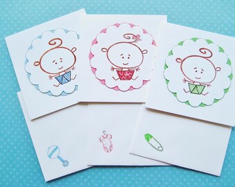 Baby Gift Tag Set, Super Cute Hand Made Detailed Infant Boy, Girl, Gender Neutral Card, Newborn Welcome, Shower Present, Diaper Pin Onesie