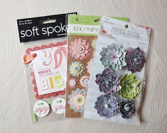 3D Succulents Embellishments, Triple Layer Sparkly Retro Flower Stickers, Large Layered Chipboard Banners, Enjoy Your Life Ribbon