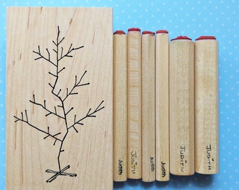 Judith Rubber Stamp Set, Dowels Pegs Wood Mounted, Large Charlie Brown Style Tree, Purse, Christmas Light Bulb, Tiny Mitten, Flower Sprig