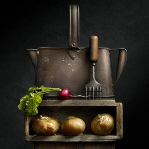 May include: A still life composition featuring a rustic metal pitcher, a vintage kitchen tool, and a wooden crate holding three onions. A radish with green leaves rests on the crate. The scene is set against a dark background.
