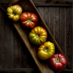 May include: A wooden trough filled with heirloom tomatoes. The tomatoes range in color from yellow-green to deep red. The tomatoes are arranged in a row inside the wooden trough, which sits on a dark wooden surface.