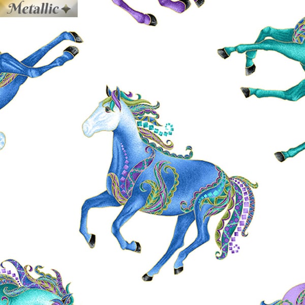 Half mtr 6854M-09 Reigning Horses White Metallic Benartex Horsen Around Ann Lauer Grizzly Gulch Gallery Patchwork Quilting Dress Fabric