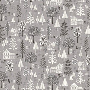 May include: A seamless pattern featuring a repeating design of white and grey houses, trees, and small floral details on a grey background.