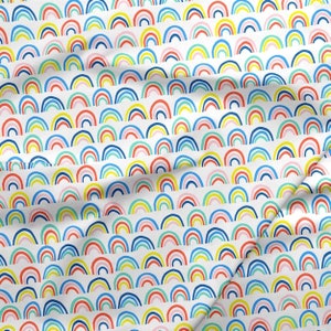 May include: A white background with a repeating pattern of colourful rainbow arches. The arches are in shades of red, orange, yellow, green, blue, and purple.