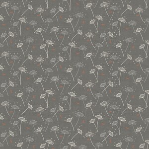 May include: A seamless pattern featuring white stylised flower buds on a grey background. Tiny orange insects are scattered throughout the design.
