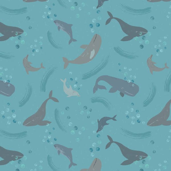 Spindrift A259.2 - Whale of a time on turquoise Lewis & Irene Patchwork Quilting Fabric