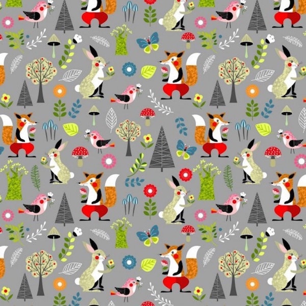 Willow Animals Fox Rabbit Bird on Grey Col 101 Nutex 802502 Patchwork Quilting Fabric