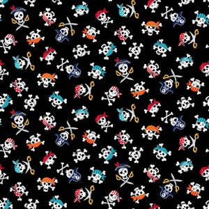 May include: A black background with a repeating pattern of colourful pirate skull and crossbones. The skulls are wearing bandanas in various colours and patterns. Some skulls are wearing pirate hats. Some skulls have crossed swords behind them.