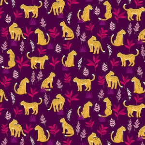 May include: A seamless pattern featuring a repeating design of yellow leopards with black spots on a dark purple background. The leopards are in various poses, including walking, sitting, and lying down. The background is filled with pink and red leaves.