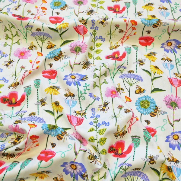 Bee Haven Meadow Flowers Garden on Cream Nutex Patchwork Quilting Fabric