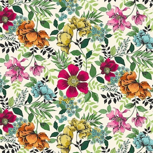 May include: A seamless pattern featuring a variety of colourful flowers and leaves on a cream background. The flowers include pink, red, orange, yellow, and blue blooms. The leaves are green and black.
