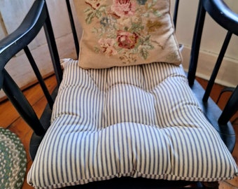 French Country Seat Cushion, Ticking Stripe, Tufted, Navy Striped Chair Pad, Rocking chair, Farmhouse, Shabby cottage chic decor,