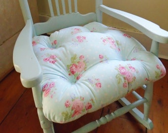 Aqua Chair Pad, Tufted Cushion, Shabby Chic, Floral Seat Kids Rocking Chair, 12. 14, 16, 18 Inch Bedroom, Nursery Decor, Cute, Rose, Pink