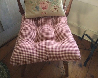 Country Farmhouse Chair Pad, Americana, Red Check, Primitive, Gingham, Custom, Folk, Tufted Cushion, Rocking Chair, Rustic Antique Decor