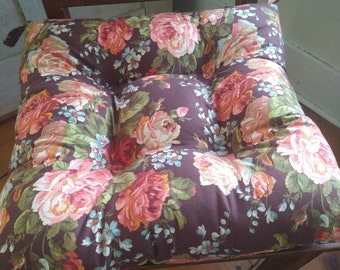 French Country Seat Cushion, Tufted, Floral Brown, Rose Chair Pad, Rocking chair, Farmhouse, Shabby cottage chic decor,