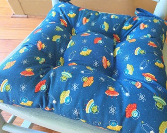 Kids Seat Cushion, Spaceship, Alien, Martian, Blue, Chair Pad, Classroom, Tufted, 12, 14, 16 or 18 inch Boys,,Rocking Chair, Nursery Decor