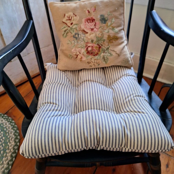 French Country Seat Cushion, Ticking Stripe, Tufted, Navy Striped Chair Pad, Rocking chair, Farmhouse, Shabby cottage chic decor,