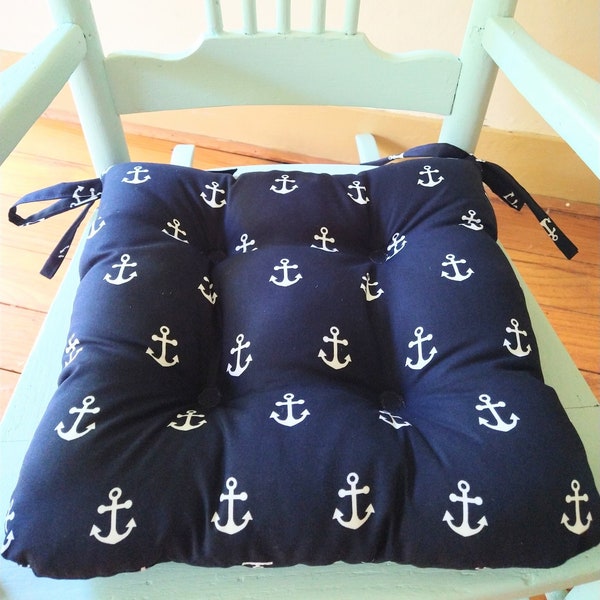 Nautical Chair Cushion, Navy Tufted Pad, Seaside, Beach themed, Custom, Anchor, Seat Kids Rocking, 12,  14, 16 or 18 Inch, Nursery Decor