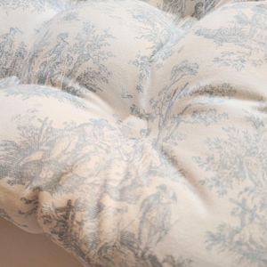 Blue Toile Seat Cushion, Pink and White Tufted Chair Pad, French Country, Rocking chair Chair, shabby cottage chic decor, Baby Nursery