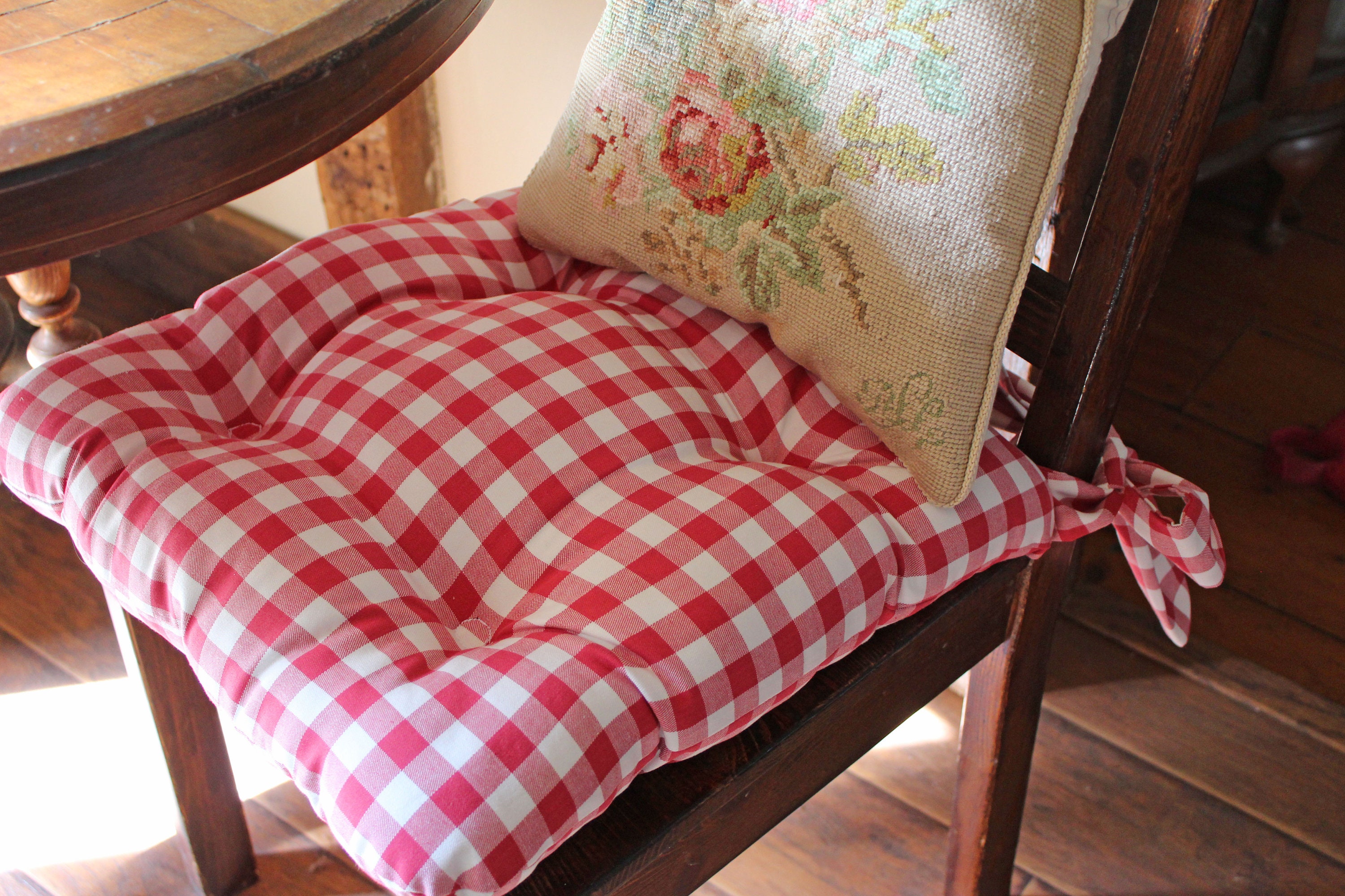 Red Gingham Chair Cushions French Country Tufted Pad Etsy