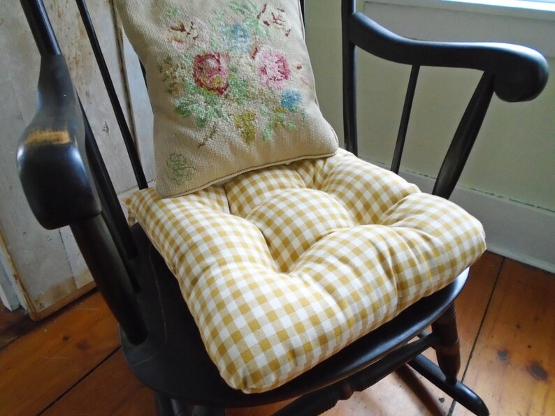 Mustard Chair Cushion Gingham French Country Tufted Pad - Country Rocking Chair Pads Mustard Chair Cushion Gingham French Country Tufted Pad - Country Rocking Chair Pads