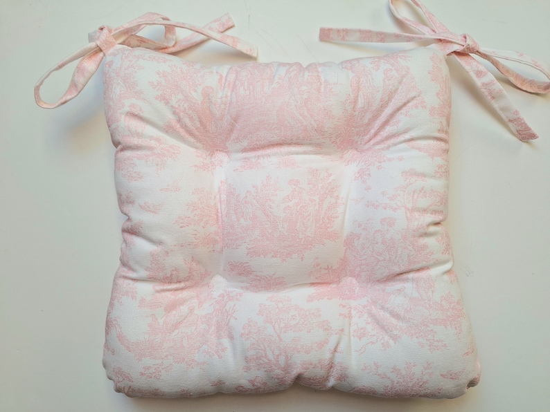Pink Toile Seat Cushion, Pink and White Tufted Chair Pad, French Country, Rocking chair Chair, shabby cottage chic decor, Baby Nursery image 4