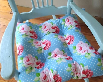 Rose Chair Pad, Tufted Cushion, Shabby Chic, Aqua Seat Kids Room Rocking Chair, 12. 16, 18 Inch Bedroom, Nursery Decor, Floral, Dotted