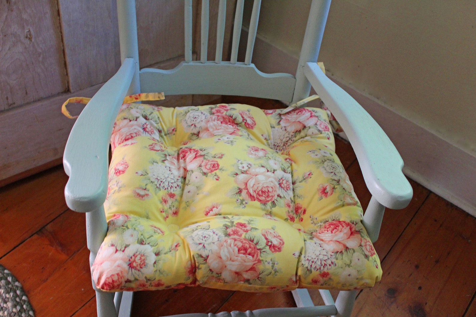 Yellow Floral Chair Cushion Tufted Seat Bottom With Ties Etsy