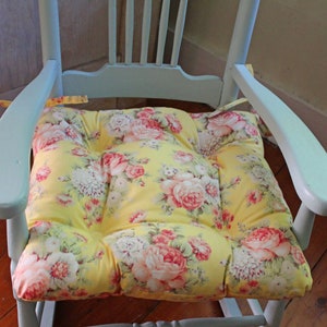 Yellow Floral Chair Cushion, Tufted Seat Bottom with Ties, 12,14,16,18 Inch Shabby Chic, Rocking Chair, Nursery Decor, Cottage, Cabbage Rose