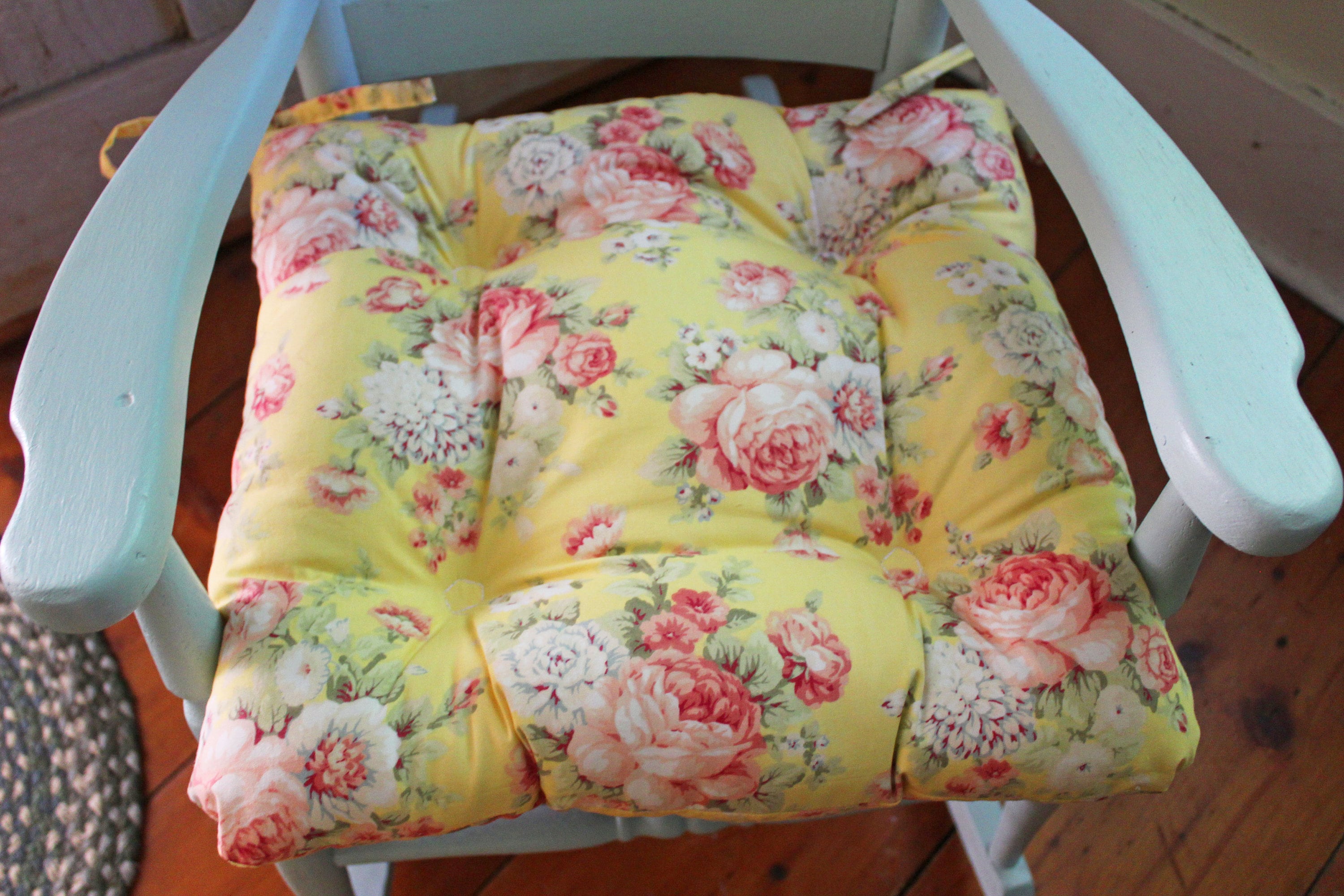 Yellow Floral Chair Cushion Tufted Seat Bottom With Ties Etsy UK
