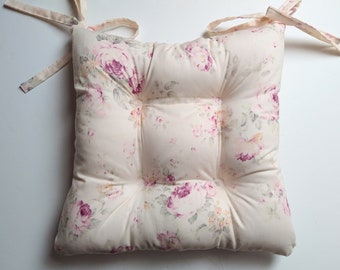 Floral Chair Pad, Tufted Cushion, Shabby Chic, Rose Seat Kids Rocking Chair, 12 Inch Bedroom, Nursery Decor, Ivory, Off white