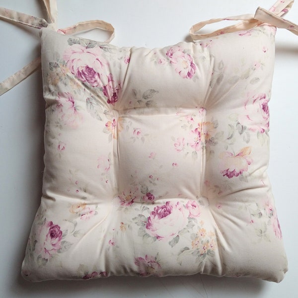 Floral Chair Pad, Tufted Cushion, Shabby Chic, Rose Seat Kids Rocking Chair, 12 Inch Bedroom, Nursery Decor, Ivory, Off white