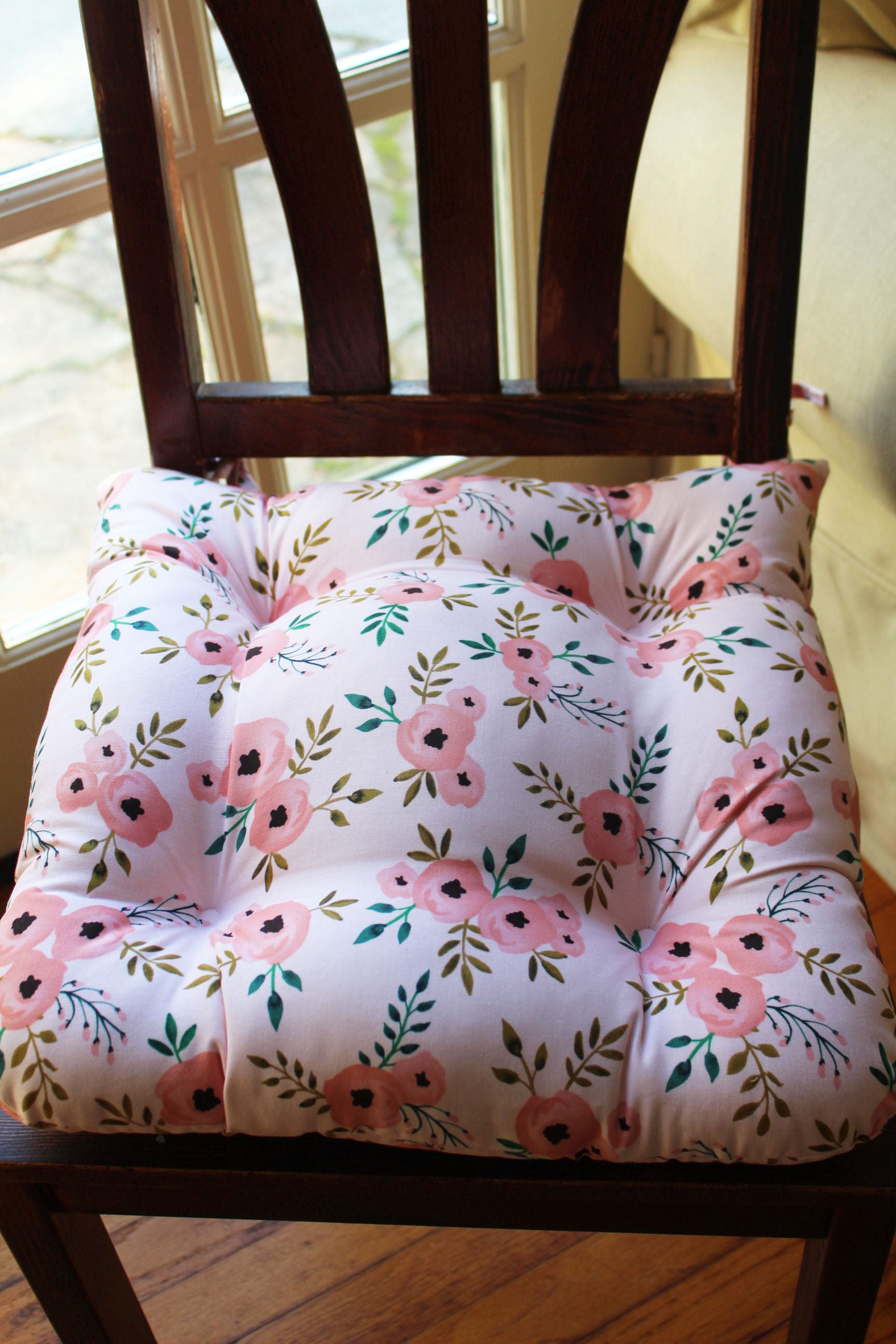 Pink Chair Cushion Tufted Pad Pastel Watercolor Floral Etsy Norway
