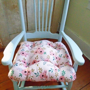 Pink Chair Cushion, Tufted Pad, Pastel Watercolor Floral, Trendy, Custom, Shabby Chic, Seat Kids Rocking, 12, 14, 16, 18 Inch, Nursery