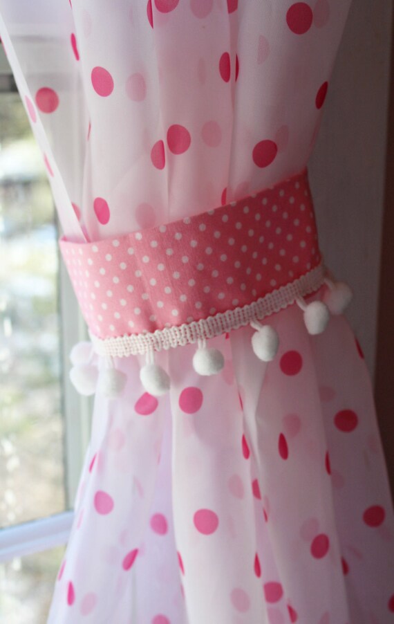 Pink Curtain Tie Backs Polka Dots Set Of 2 Pom Pom Trim Etsy