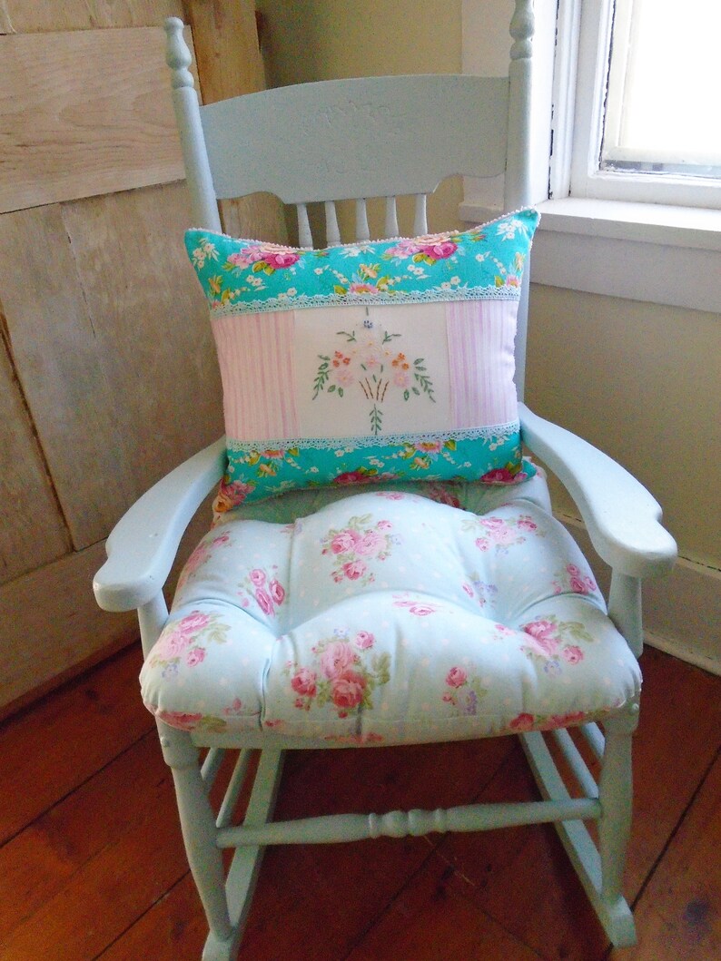 Aqua Chair Pad Tufted Cushion with Ties Shabby Chic Floral Etsy