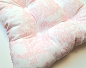 Pink Toile Tufted Seat Cushion: French Country Chair Pad