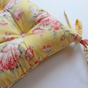 Yellow Floral Chair Cushion, Tufted Seat Bottom with Ties, 12,14,16,18 Inch Shabby Chic, Rocking Chair, Nursery Decor, Cottage, Cabbage Rose