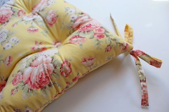 Yellow Floral Chair Cushion Tufted Seat Bottom With Ties 12 14 16 18 Inch Shabby Chic Rocking Chair Nursery Decor Cottage Cabbage Rose Etsy