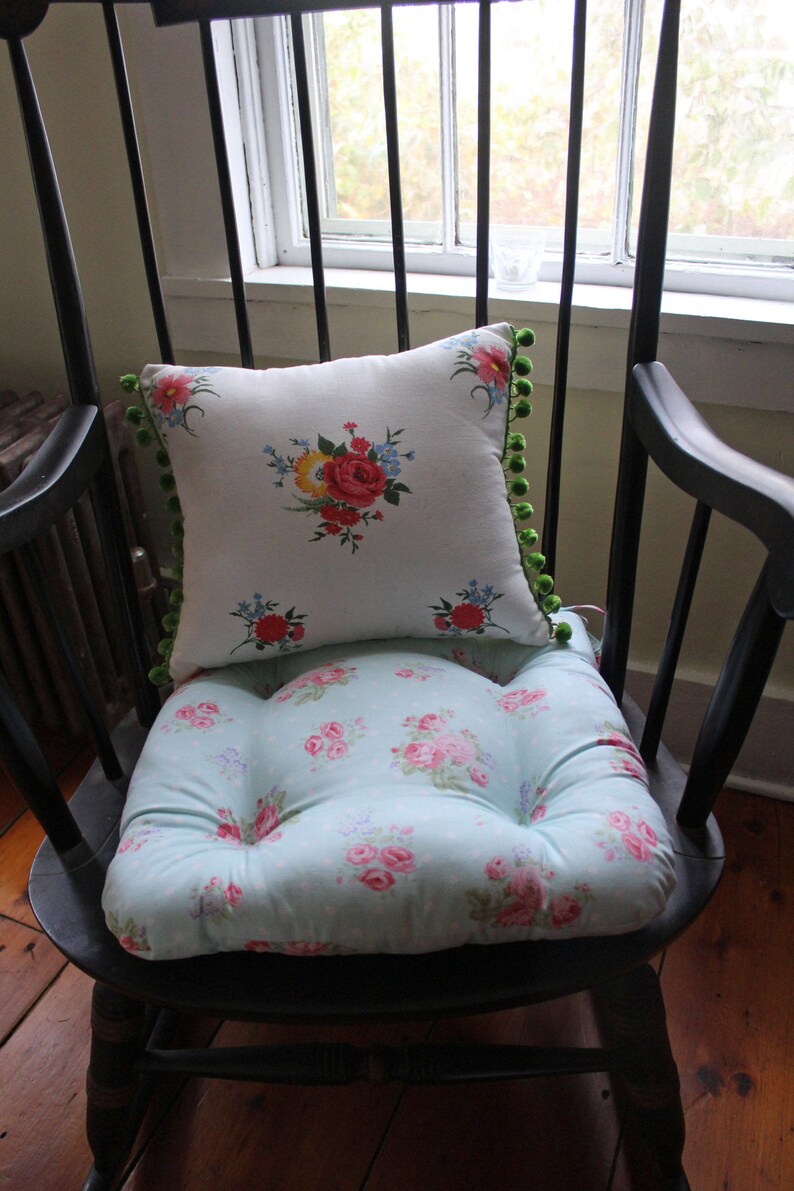 Aqua Chair Pad Tufted Cushion Shabby Chic Floral Seat Kids Etsy