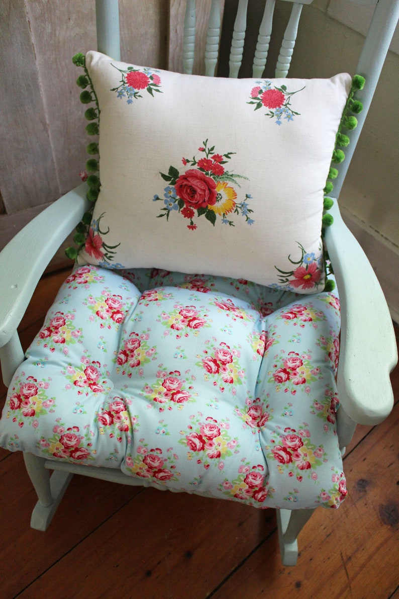 Chair Pad Aqua Tufted Cushion with Ties Shabby Chic Floral Etsy