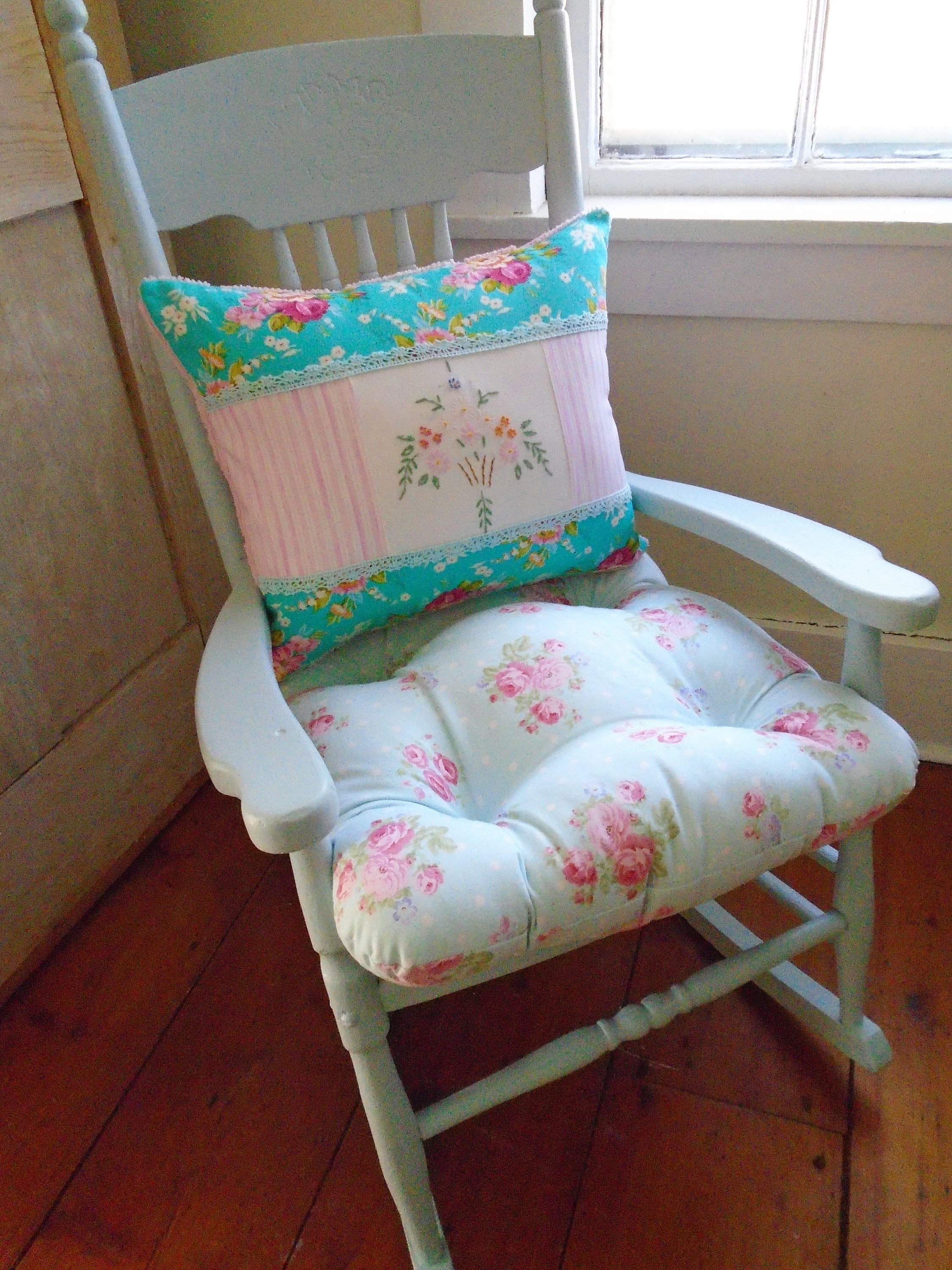 Aqua Chair Pad Tufted Cushion Shabby Chic Floral Seat Kids Etsy